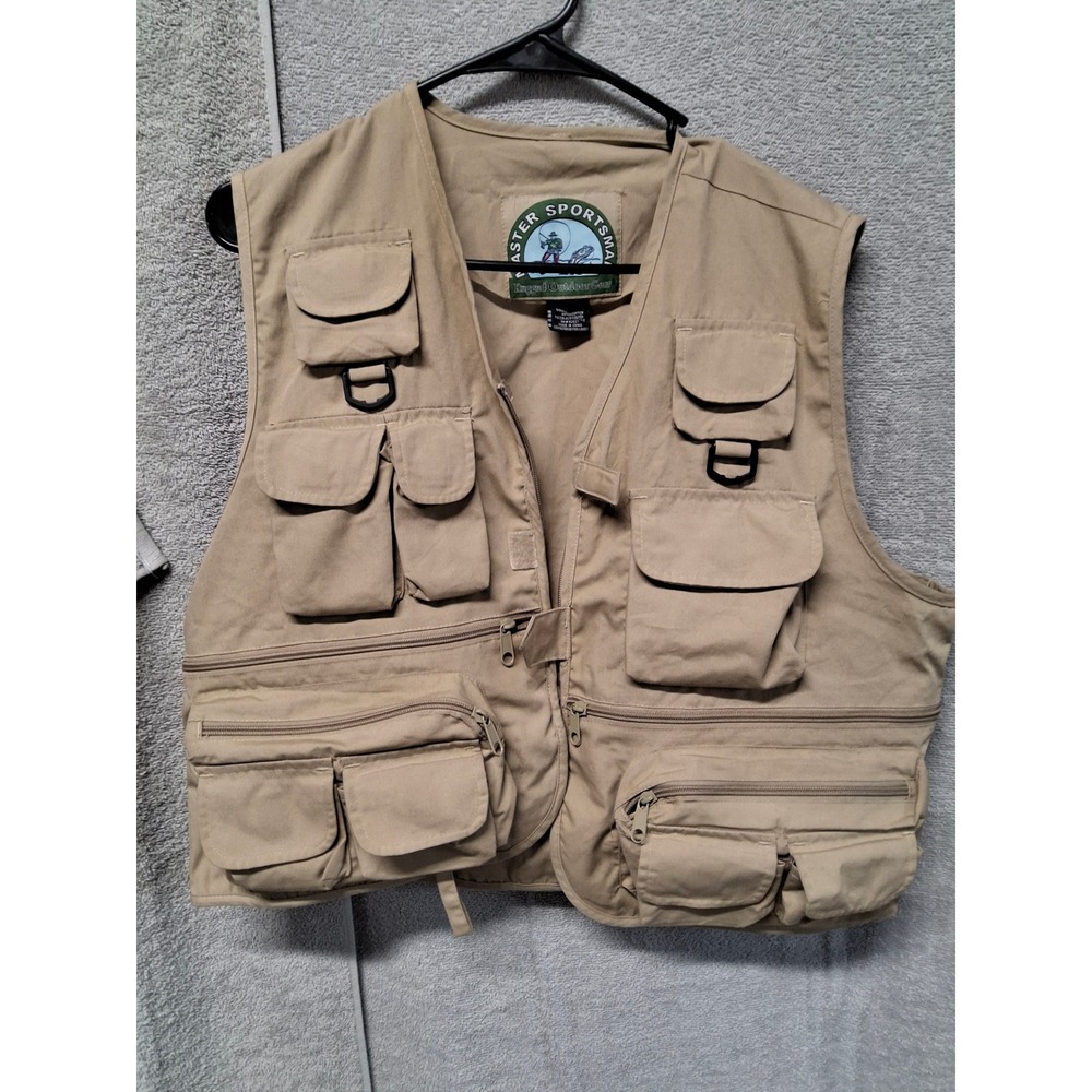 Master Sportsman Fishing Vest Mens Large Tan Khaki Multi Pocket Outdoor Utility
